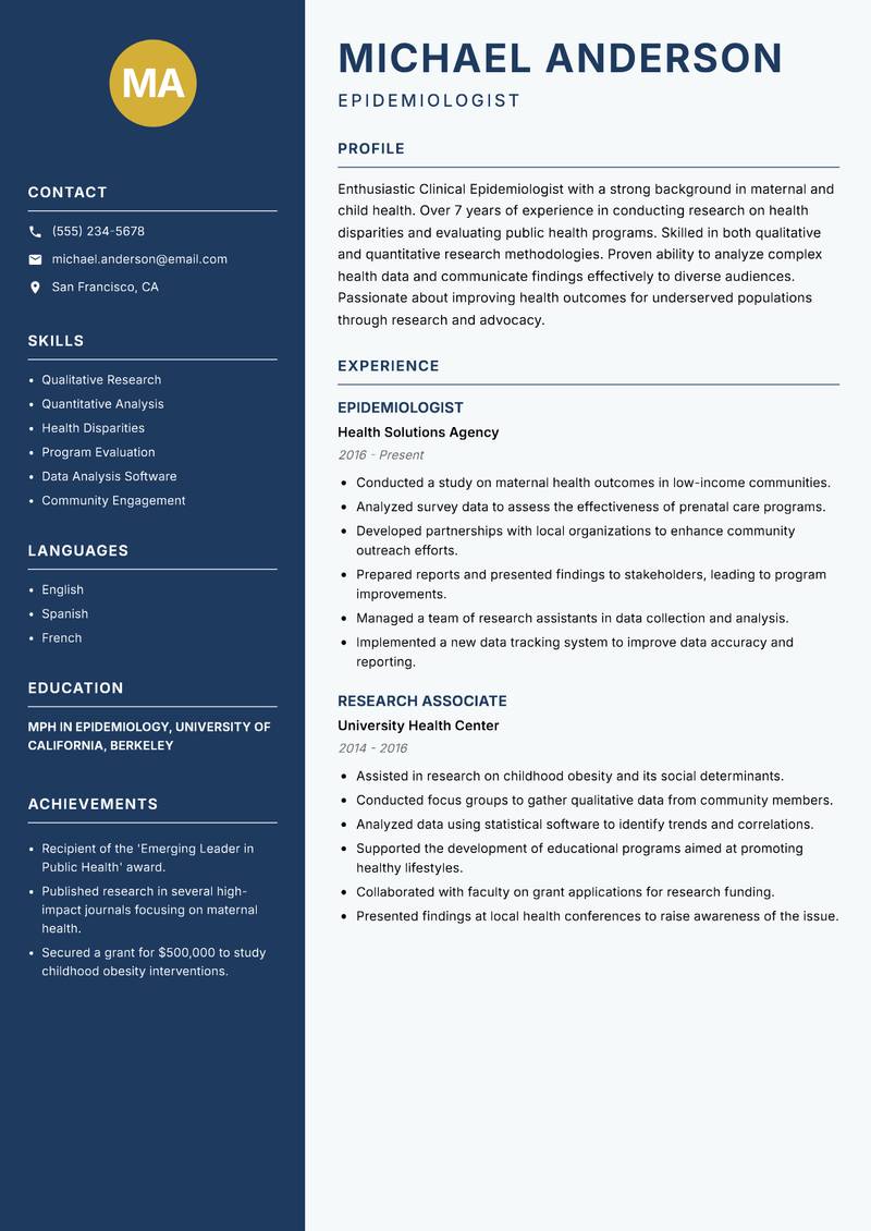 Clinical Epidemiologist resume sample — Epidemiologist focus