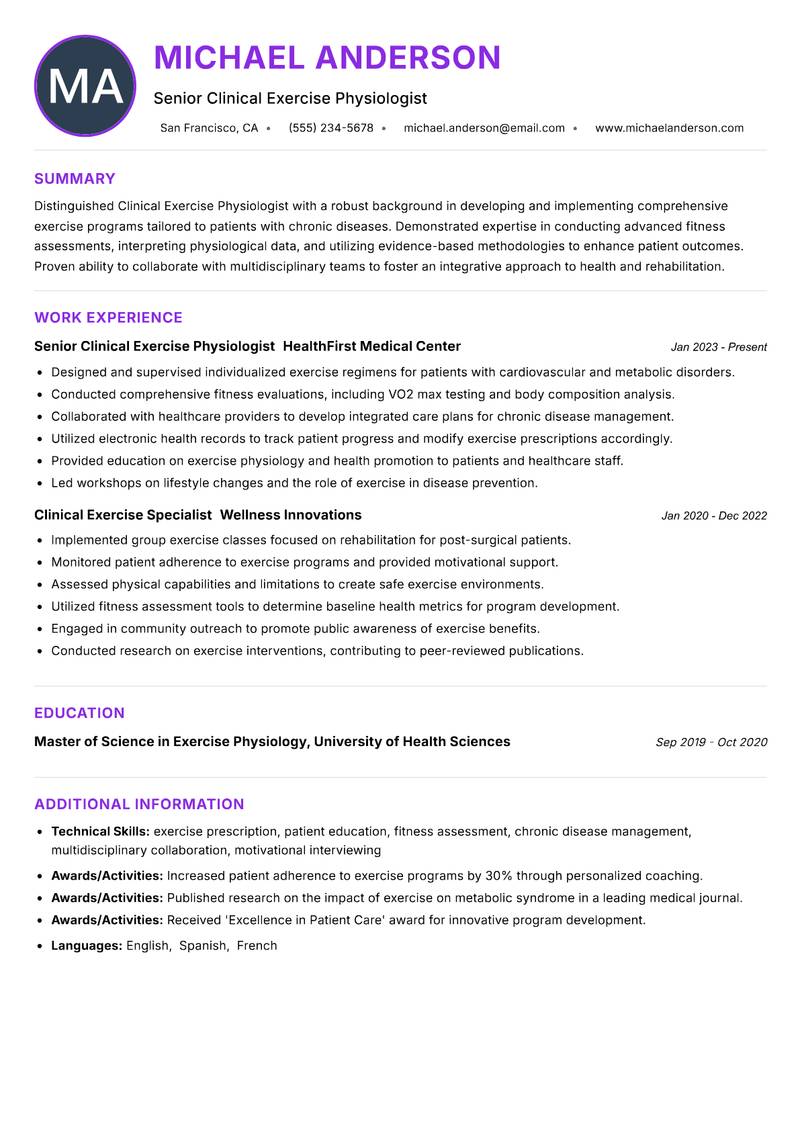 Clinical Exercise Physiologist resume example