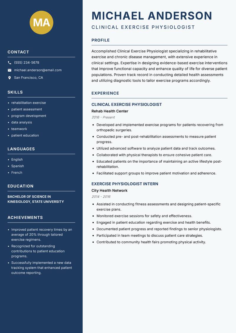 Clinical Exercise Physiologist resume sample — Clinical Exercise Physiologist focus