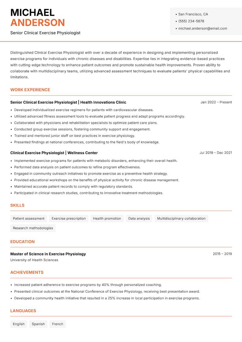 Clinical Exercise Physiologist resume sample — Senior Clinical Exercise Physiologist focus