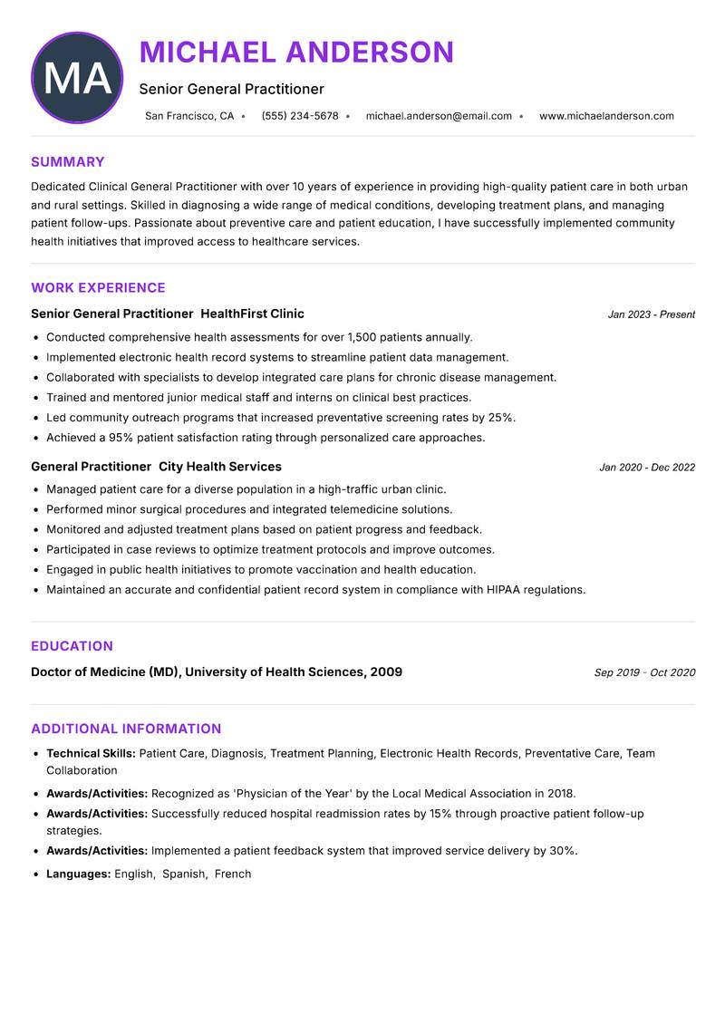 Clinical General Practitioner resume example