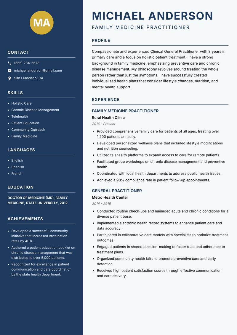 Clinical General Practitioner resume sample — Family Medicine Practitioner focus