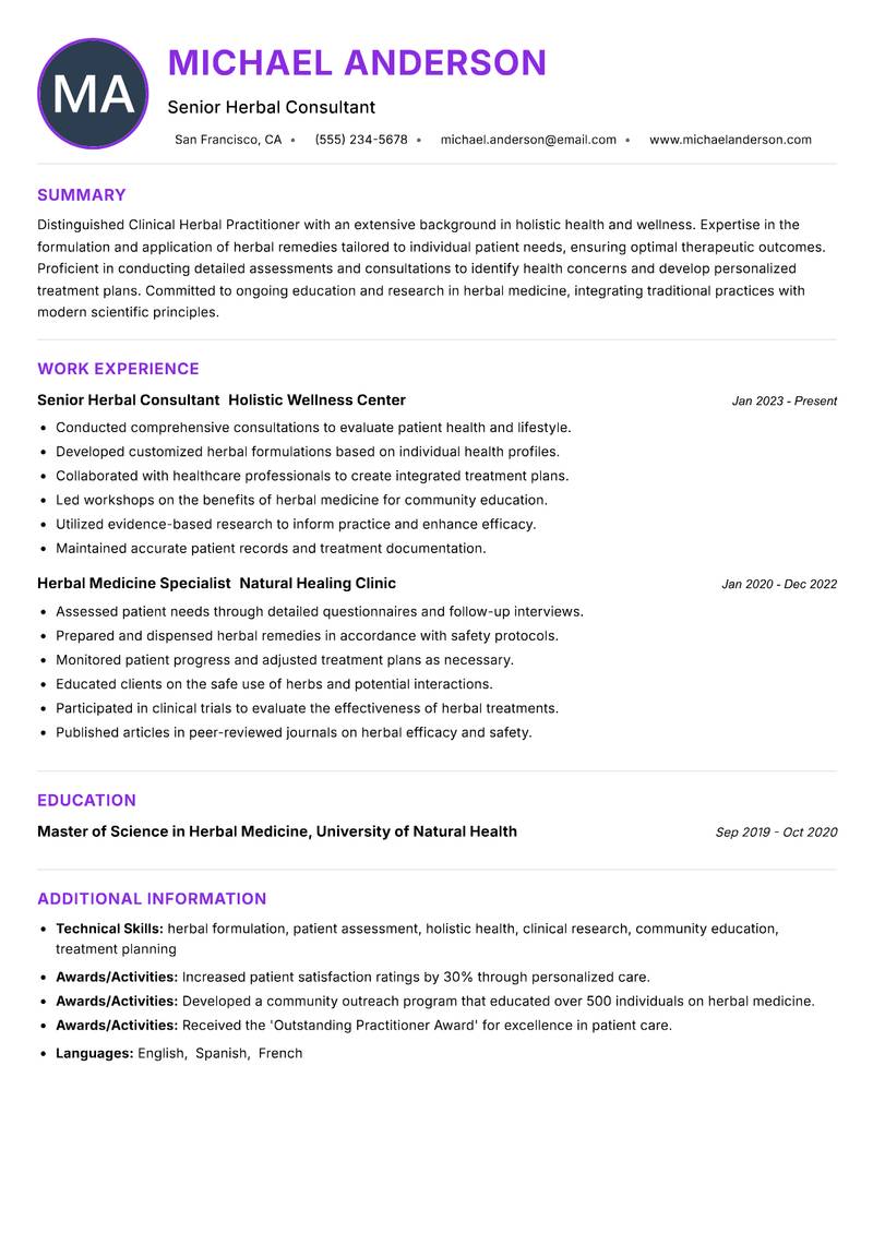 Clinical Herbal Practitioner resume example