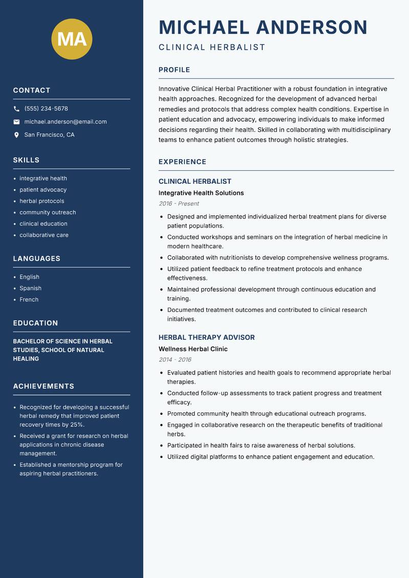 Clinical Herbal Practitioner resume sample — Clinical Herbalist focus