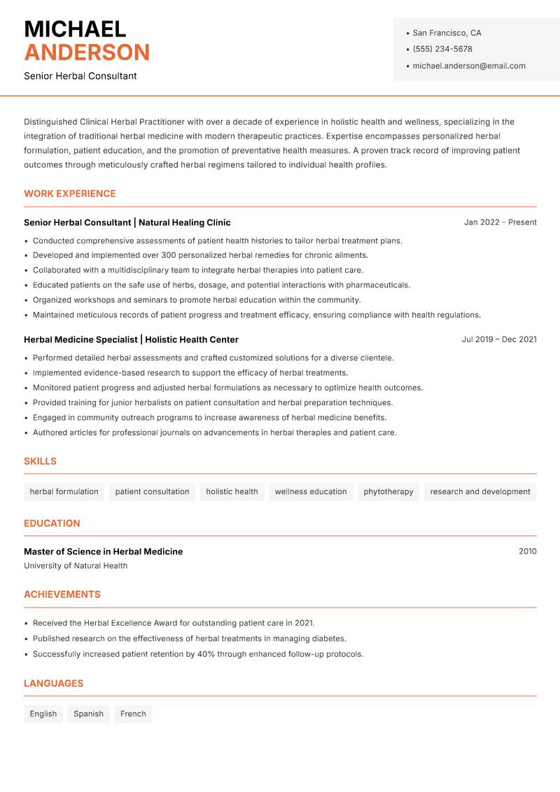 Clinical Herbal Practitioner resume sample — Senior Herbal Consultant focus