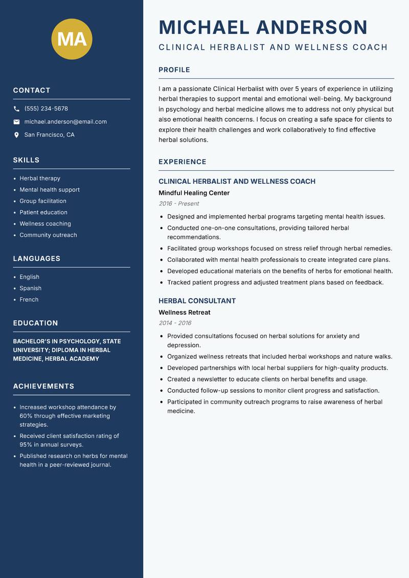 Clinical Herbalist resume sample — Clinical Herbalist and Wellness Coach focus