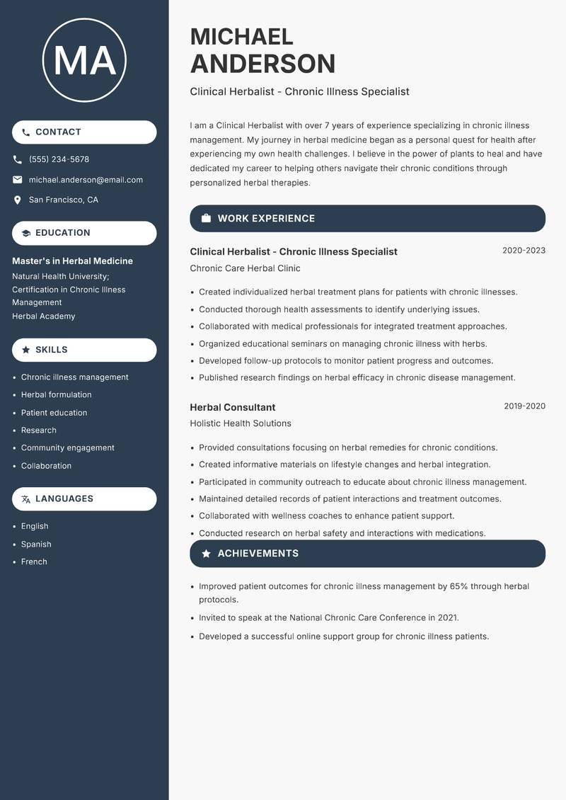 Clinical Herbalist resume sample — Clinical Herbalist - Chronic Illness Specialist focus