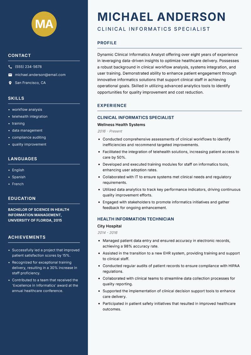 Clinical Informatics Analyst resume sample — Clinical Informatics Specialist focus