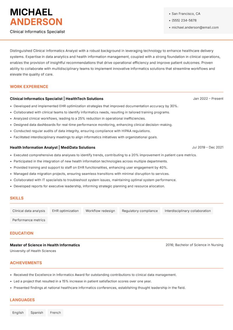 Clinical Informatics Analyst resume sample — Clinical Informatics Specialist focus