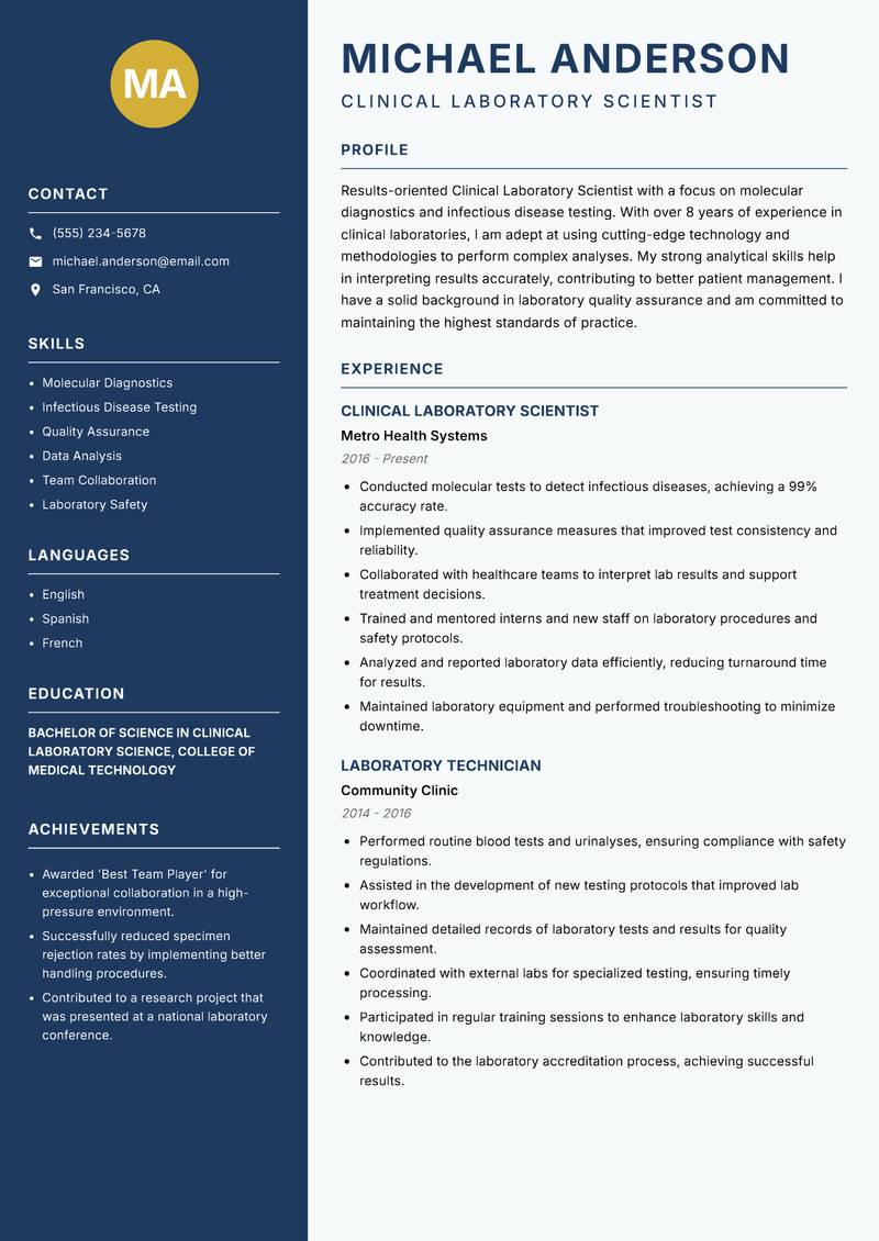 Clinical Laboratory Scientist resume sample — Clinical Laboratory Scientist focus
