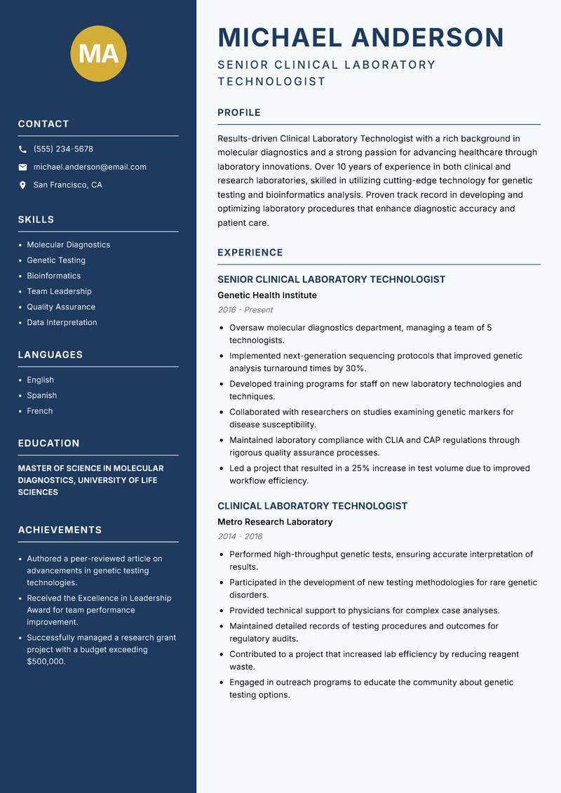 Clinical Laboratory Technologist resume sample — Senior Clinical Laboratory Technologist focus