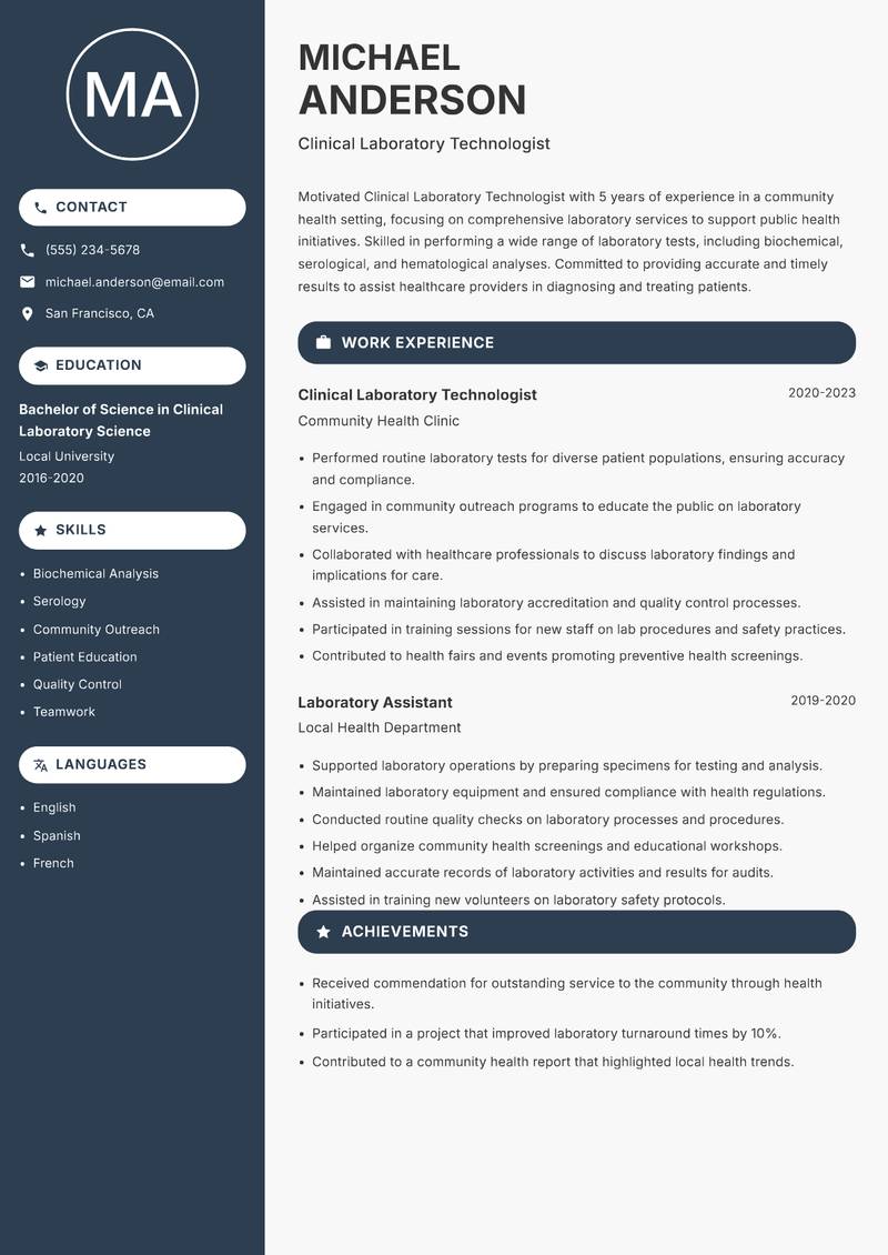 Clinical Laboratory Technologist resume sample — Clinical Laboratory Technologist focus