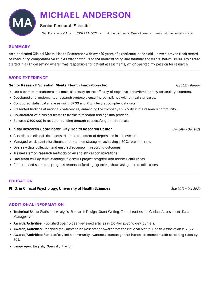 Clinical Mental Health Researcher resume example