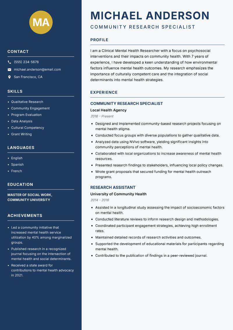 Clinical Mental Health Researcher resume sample — Community Research Specialist focus