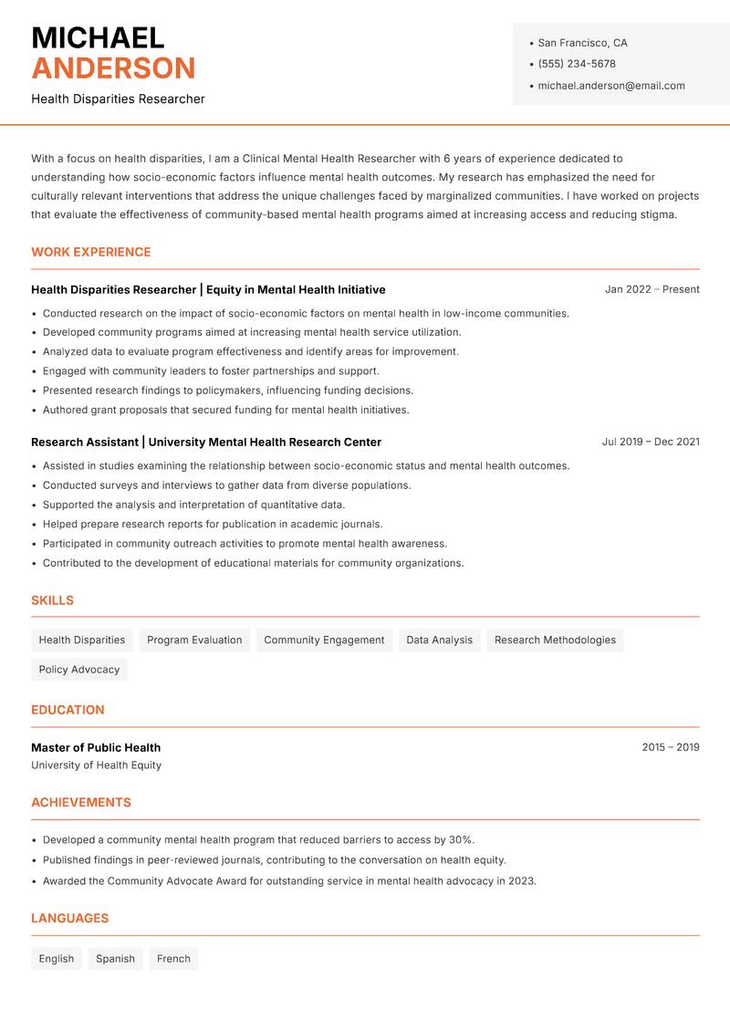 Clinical Mental Health Researcher resume sample — Health Disparities Researcher focus