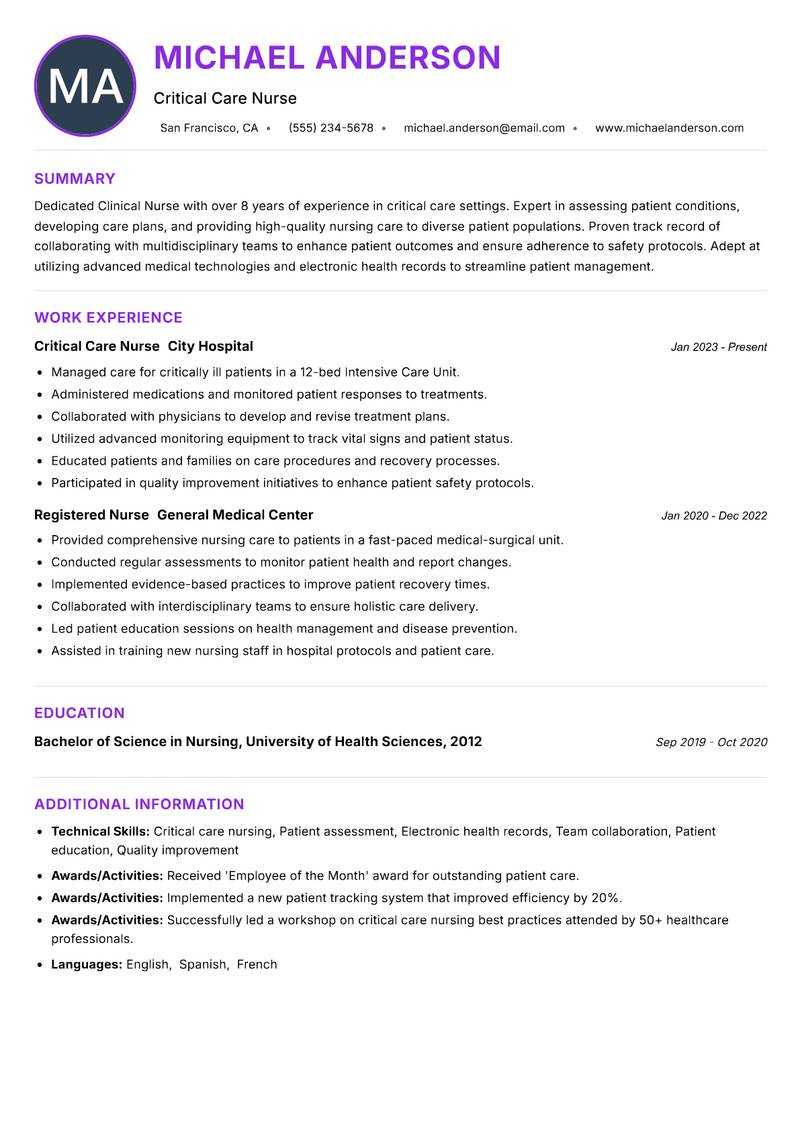 Clinical Nurse resume example