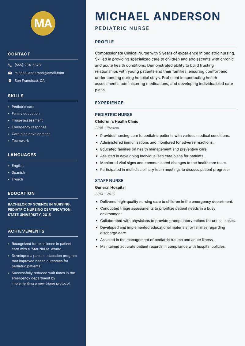 Clinical Nurse resume sample — Pediatric Nurse focus