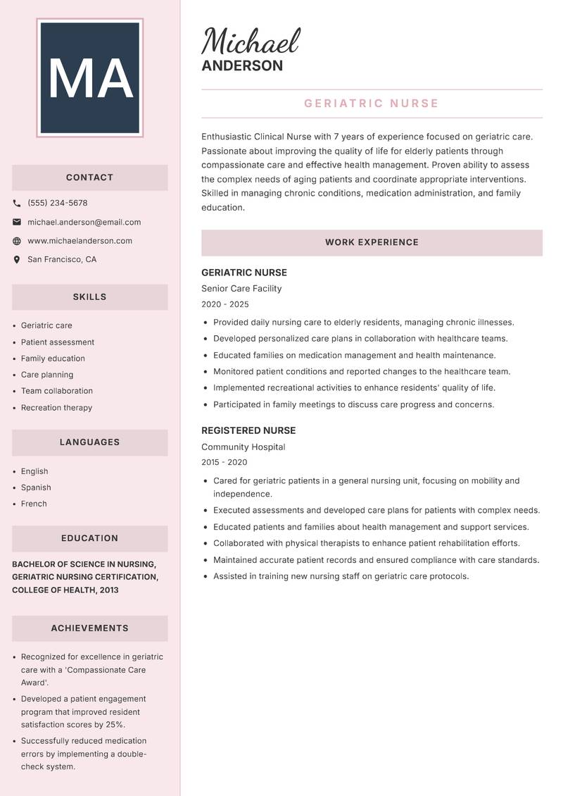 Clinical Nurse resume sample — Geriatric Nurse focus