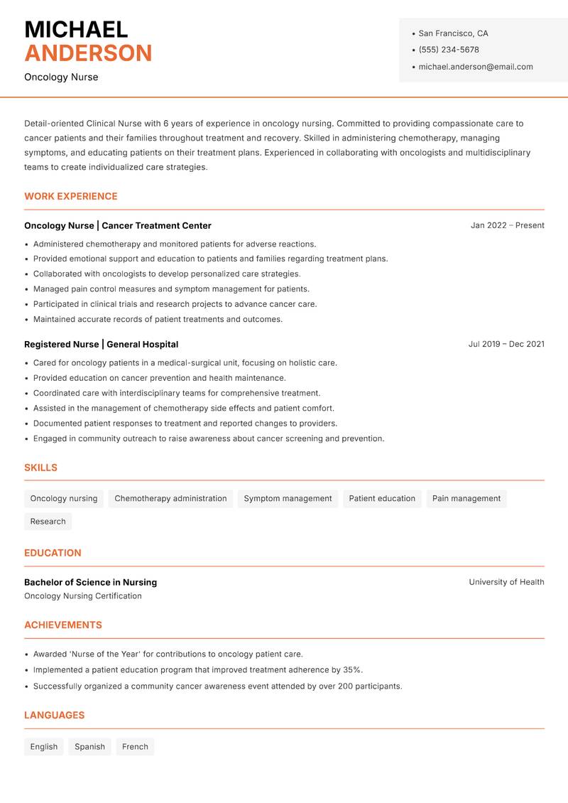 Clinical Nurse resume sample — Oncology Nurse focus