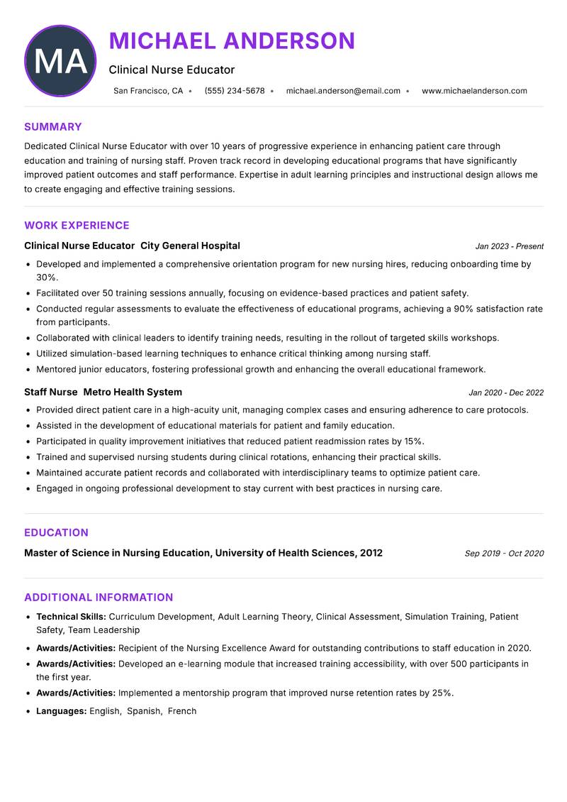 Clinical Nurse Educator resume example