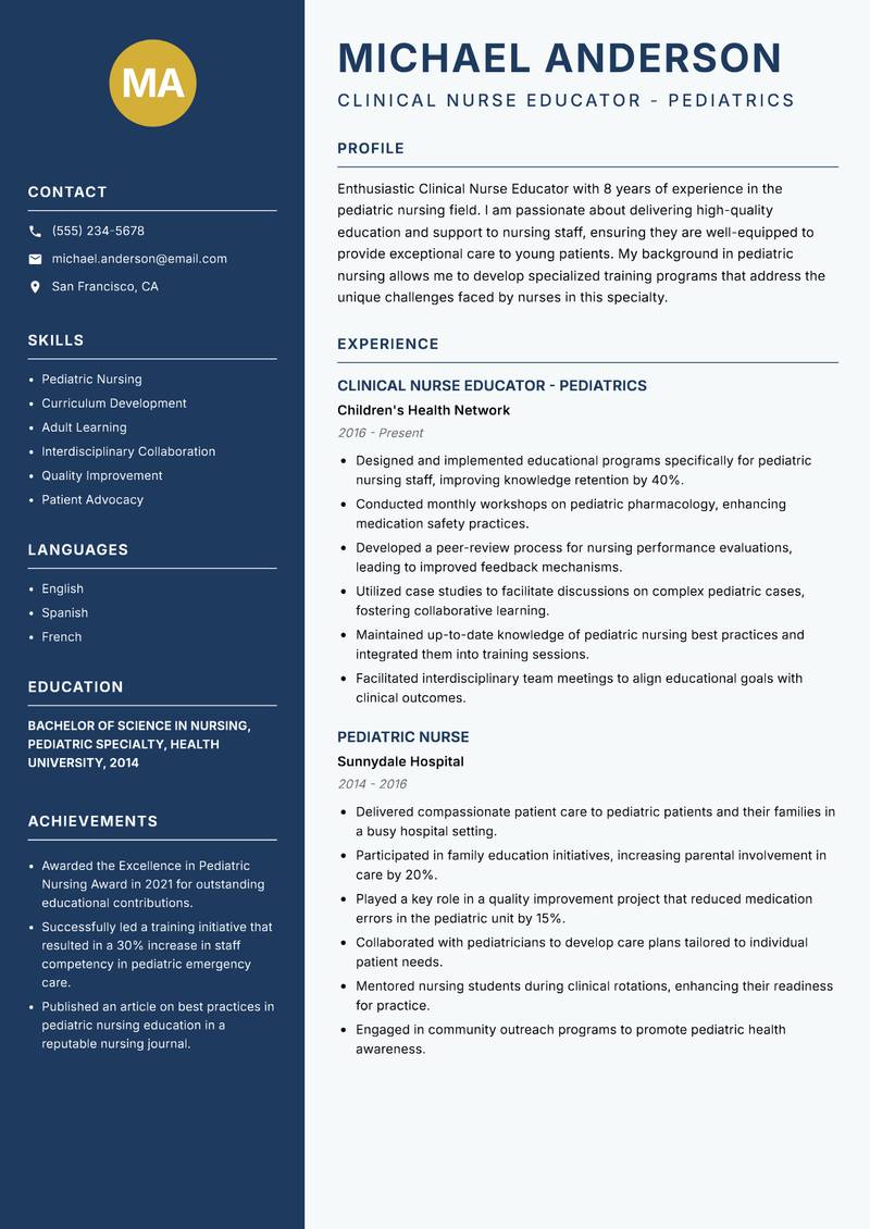Clinical Nurse Educator resume sample — Clinical Nurse Educator - Pediatrics focus