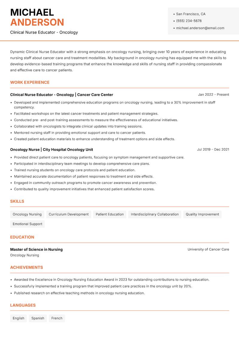 Clinical Nurse Educator resume sample — Clinical Nurse Educator - Oncology focus