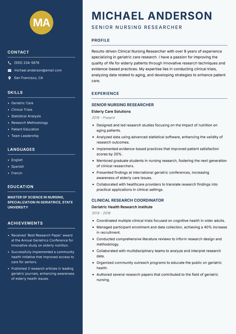 Clinical Nursing Researcher resume sample — Senior Nursing Researcher focus