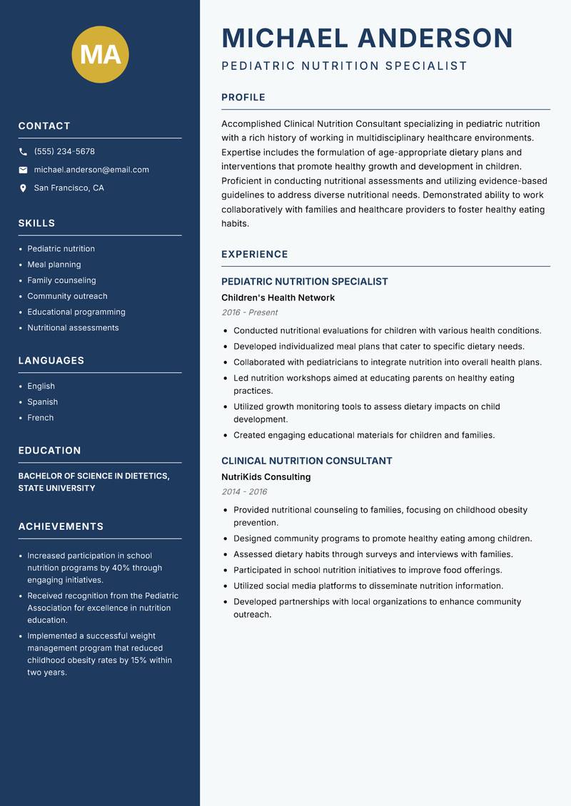 Clinical Nutrition Consultant resume sample — Pediatric Nutrition Specialist focus