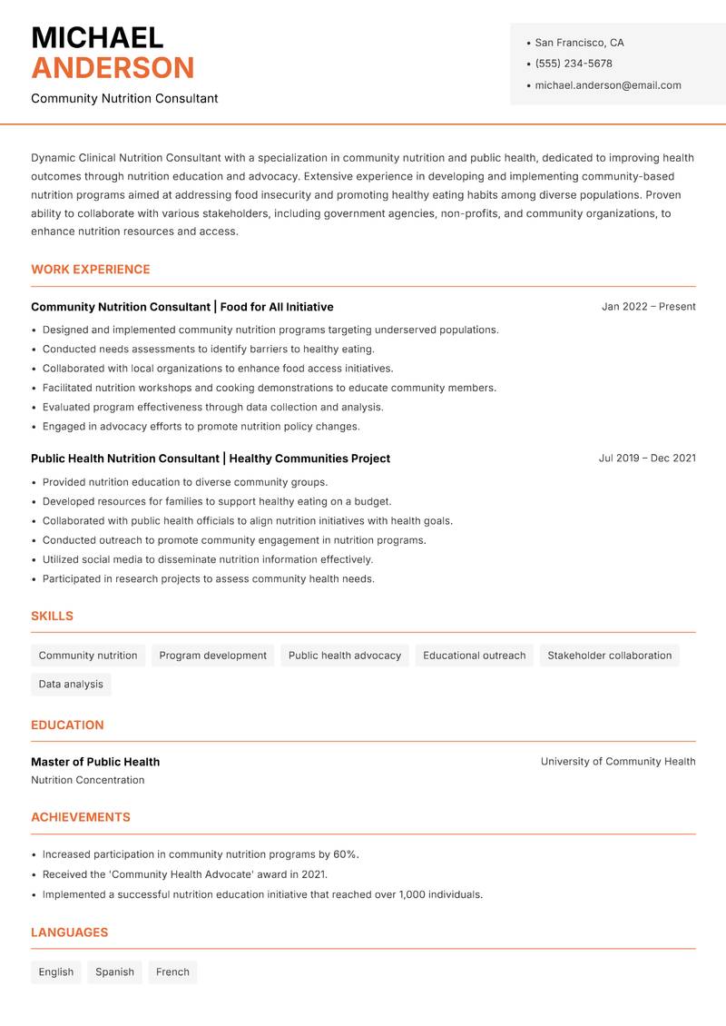 Clinical Nutrition Consultant resume sample — Community Nutrition Consultant focus