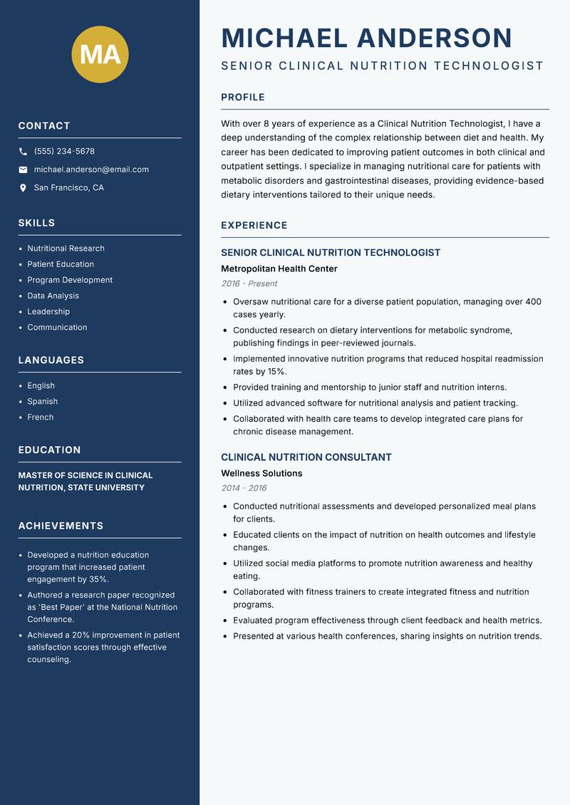 Clinical Nutrition Technologist resume sample — Senior Clinical Nutrition Technologist focus