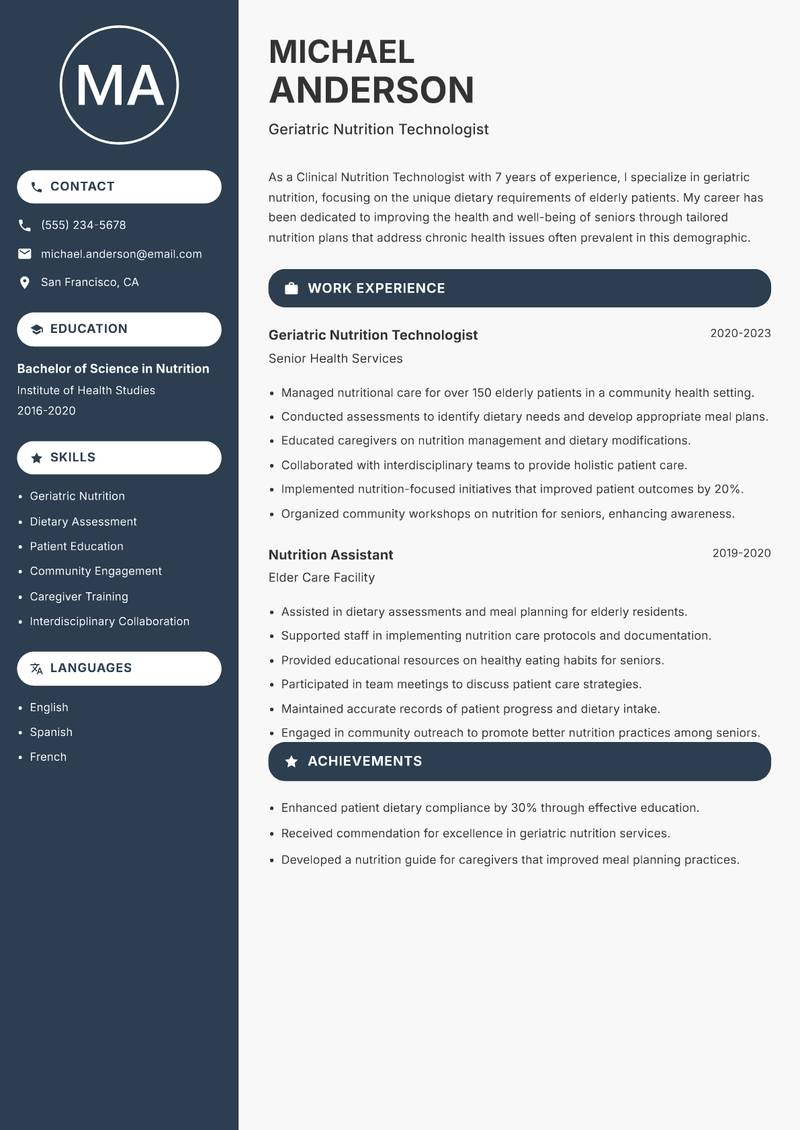 Clinical Nutrition Technologist resume sample — Geriatric Nutrition Technologist focus