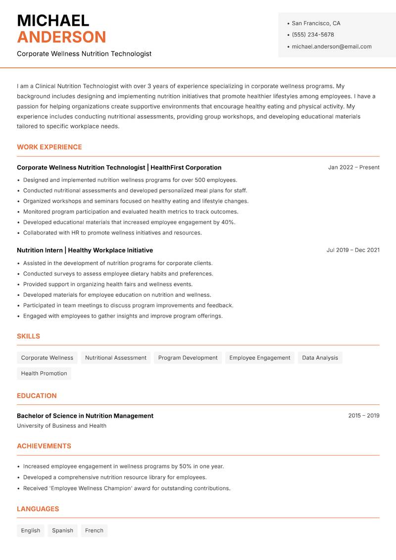 Clinical Nutrition Technologist resume sample — Corporate Wellness Nutrition Technologist focus