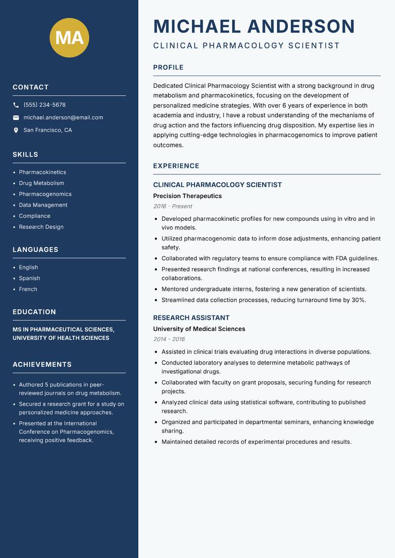 Clinical Pharmacology Scientist resume sample — Clinical Pharmacology Scientist focus