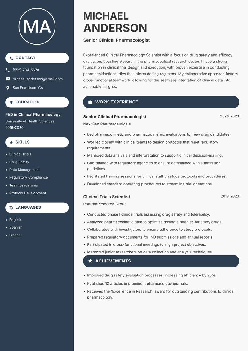 Clinical Pharmacology Scientist resume sample — Senior Clinical Pharmacologist focus