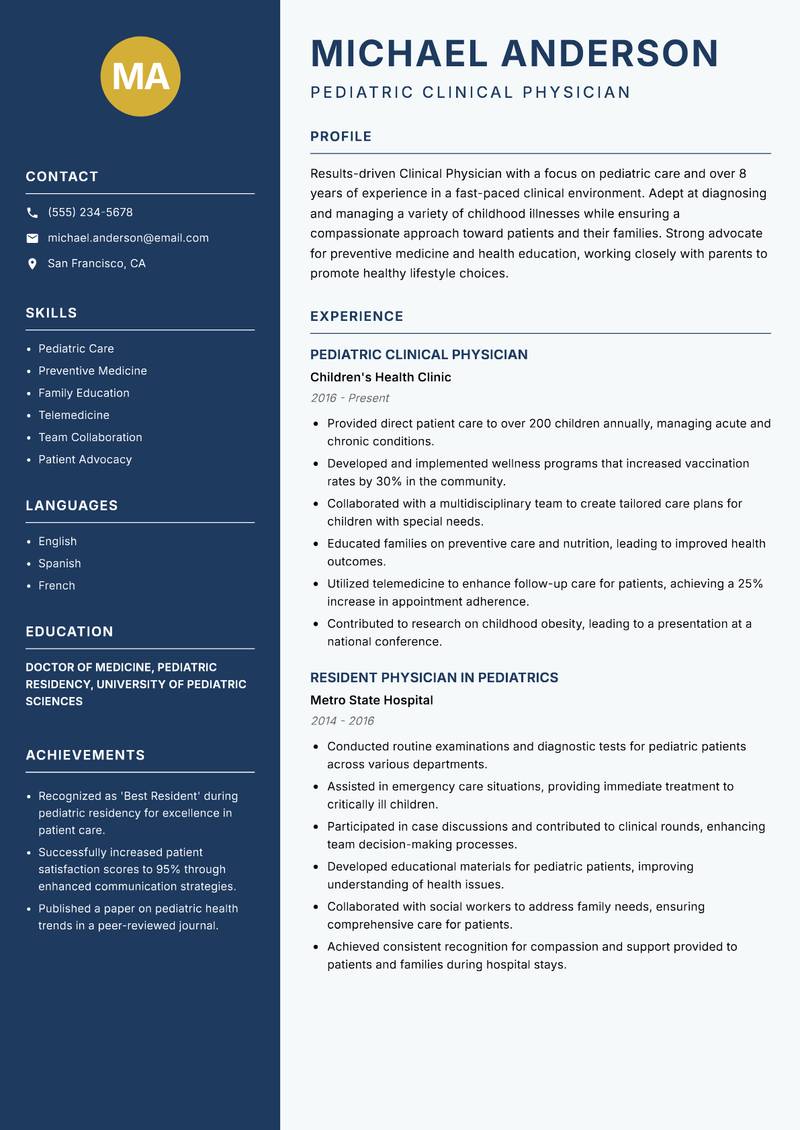 Clinical Physician resume sample — Pediatric Clinical Physician focus