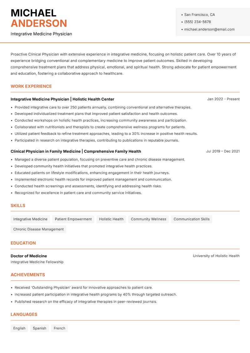 Clinical Physician resume sample — Integrative Medicine Physician focus