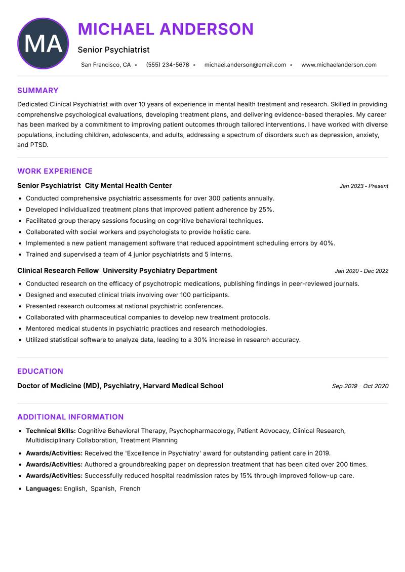 Clinical Psychiatrist resume example
