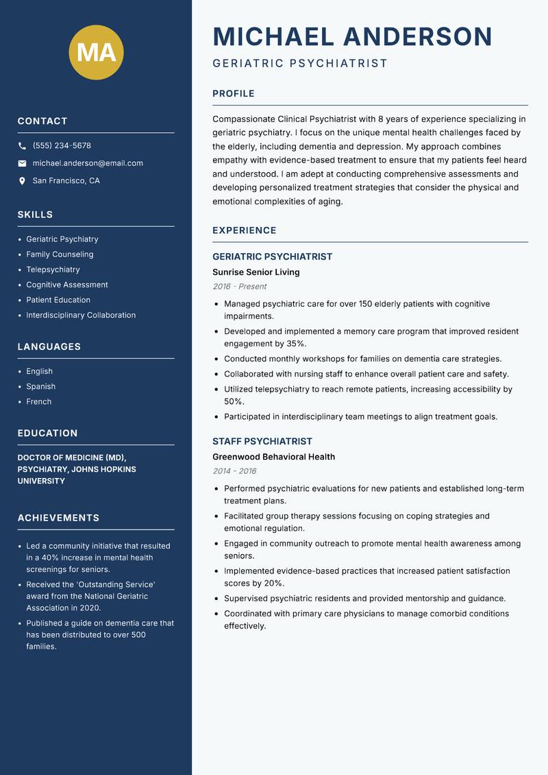 Clinical Psychiatrist resume sample — Geriatric Psychiatrist focus