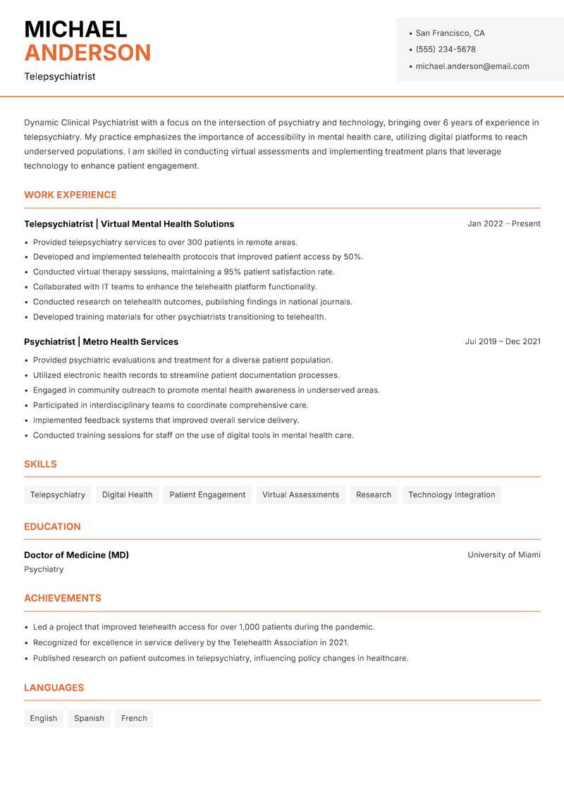 Clinical Psychiatrist resume sample — Telepsychiatrist focus