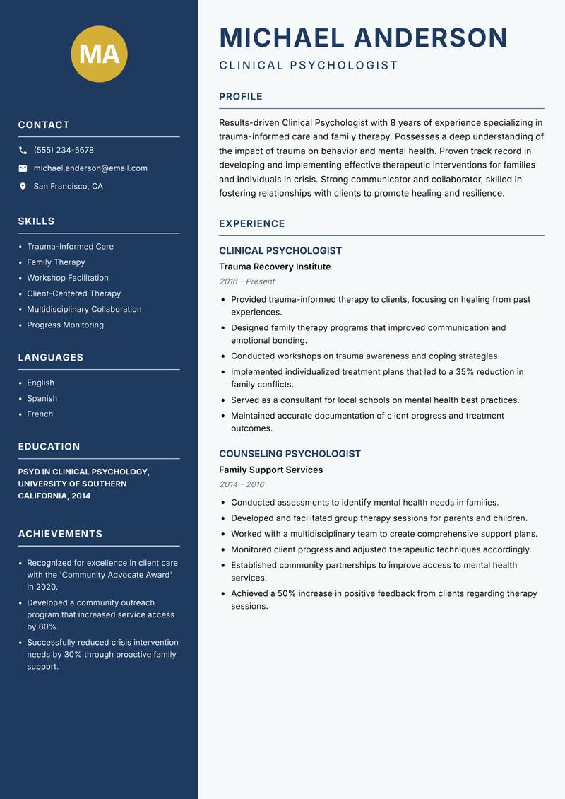 Clinical Psychologist resume sample — Clinical Psychologist focus