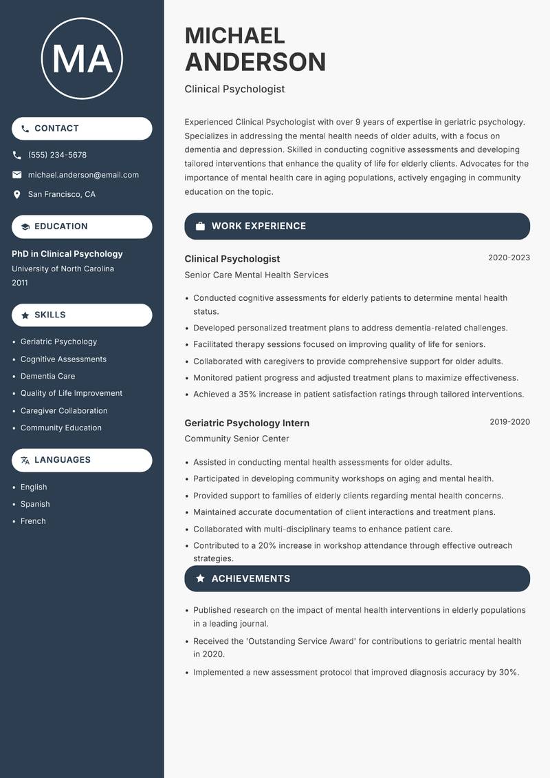 Clinical Psychologist resume sample — Clinical Psychologist focus