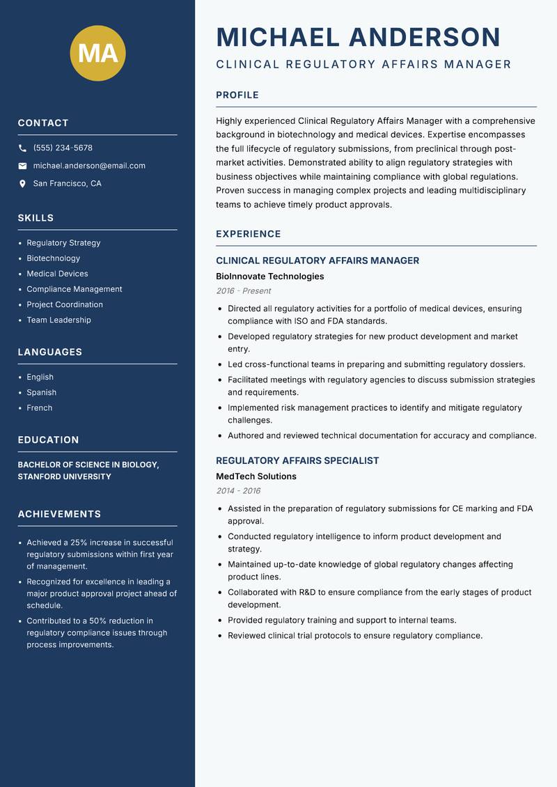 Clinical Regulatory Affairs Manager resume sample — Clinical Regulatory Affairs Manager focus