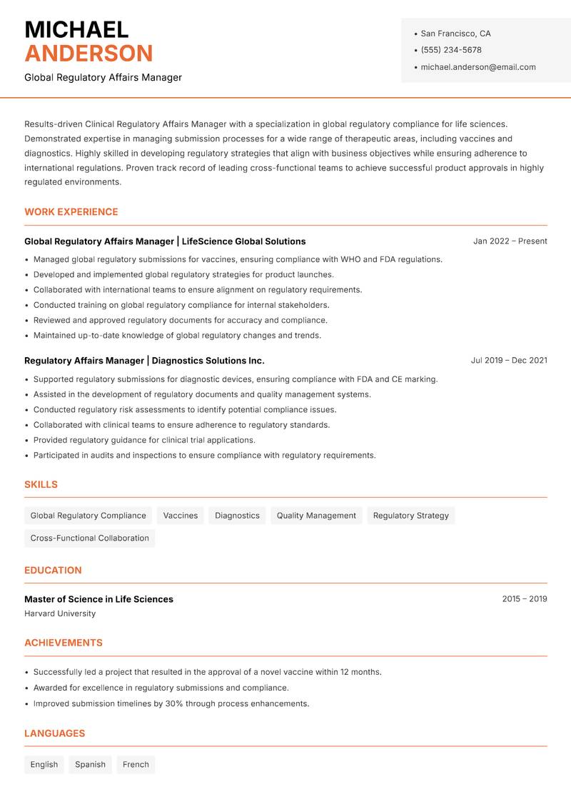 Clinical Regulatory Affairs Manager resume sample — Global Regulatory Affairs Manager focus