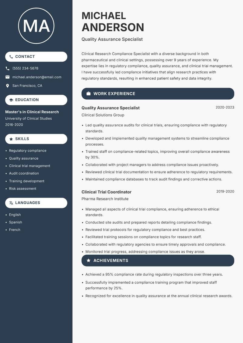 Clinical Research Compliance Specialist resume sample — Quality Assurance Specialist focus