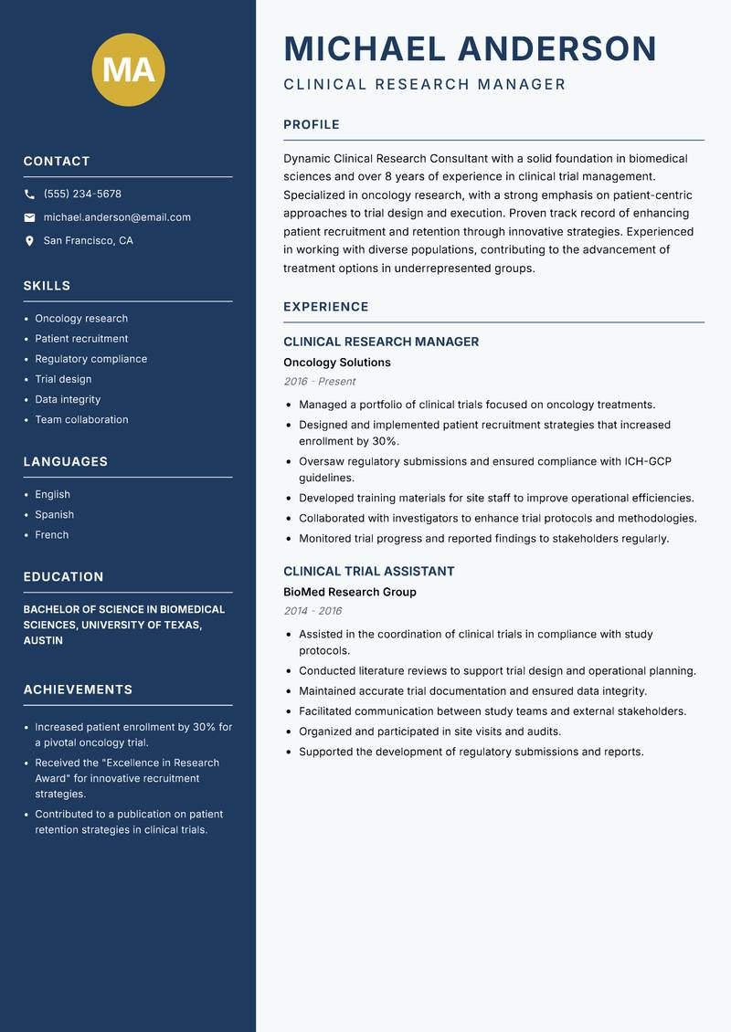 Clinical Research Consultant resume sample — Clinical Research Manager focus