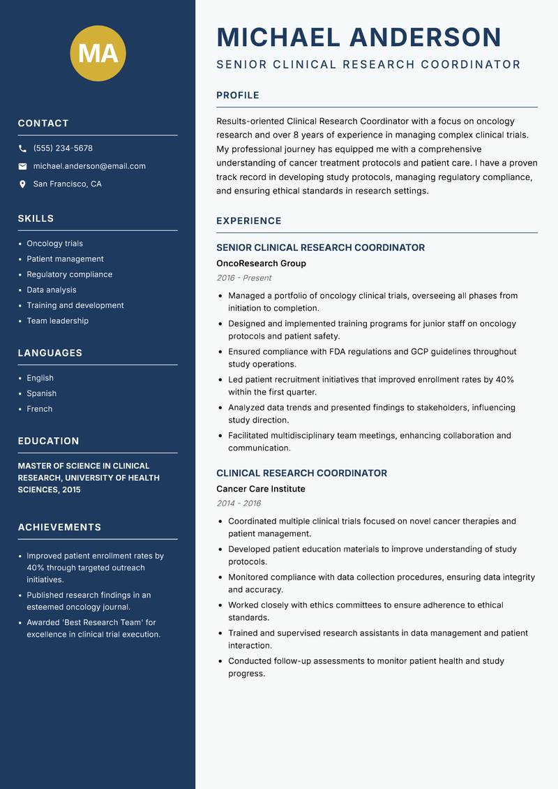 Clinical Research Coordinator resume sample — Senior Clinical Research Coordinator focus