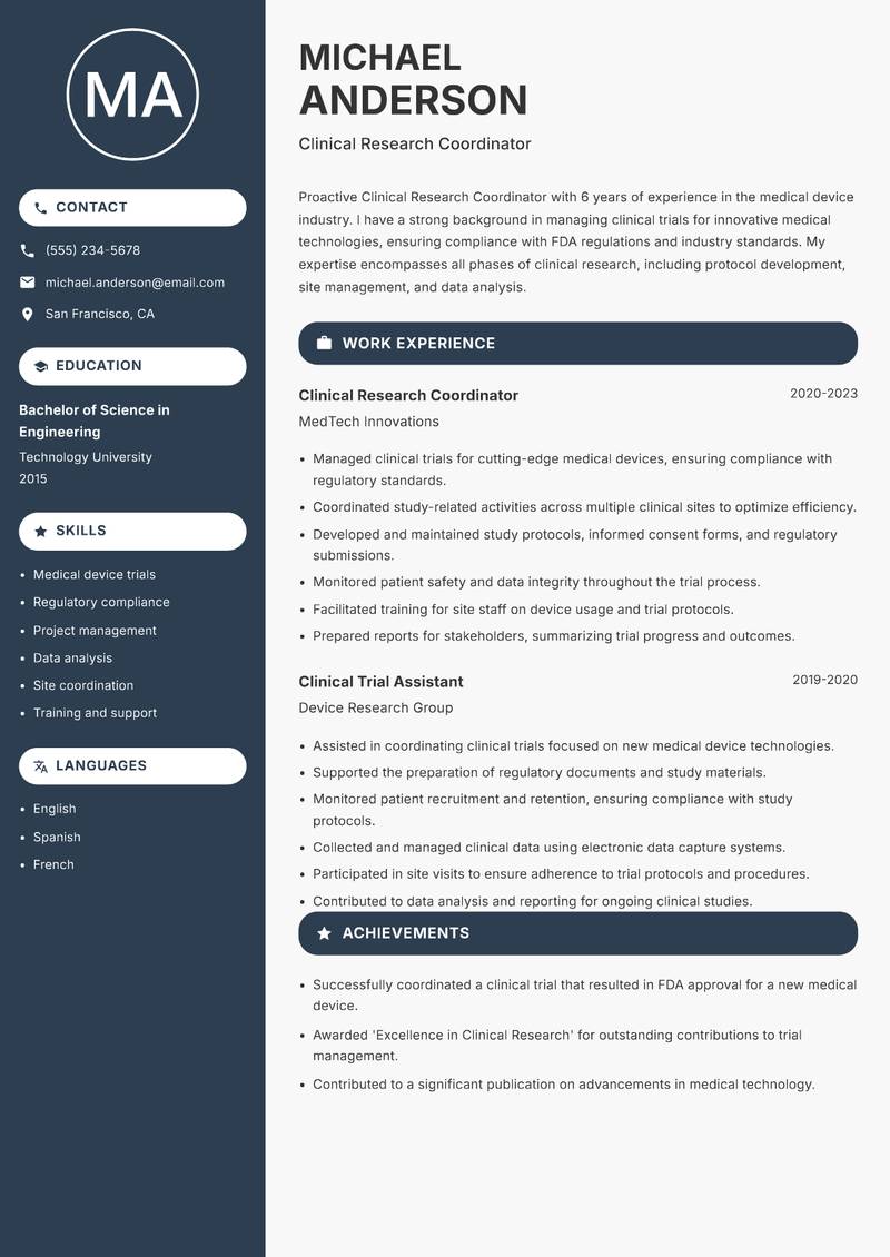 Clinical Research Coordinator resume sample — Clinical Research Coordinator focus