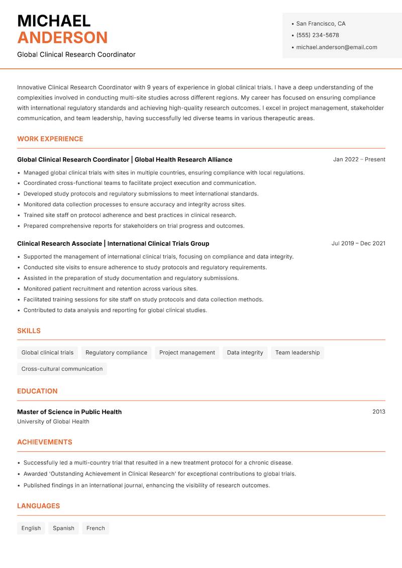 Clinical Research Coordinator resume sample — Global Clinical Research Coordinator focus