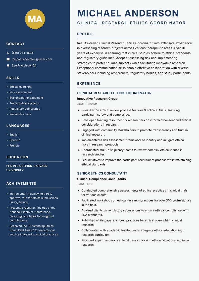 Clinical Research Ethics Coordinator resume sample — Clinical Research Ethics Coordinator focus