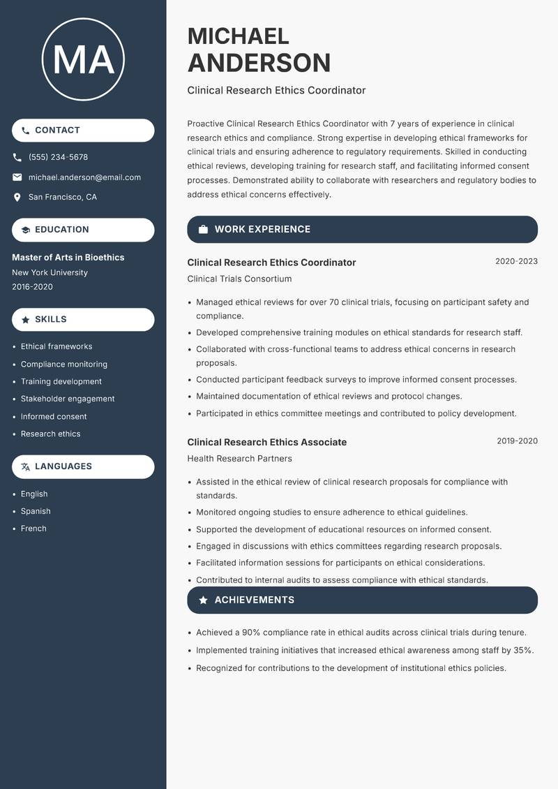 Clinical Research Ethics Coordinator resume sample — Clinical Research Ethics Coordinator focus
